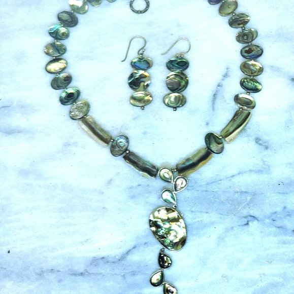 Abalone Sterling 925 Necklace 17.5" 4" Pendant 2" Earrings Set - Picture 7 of 7